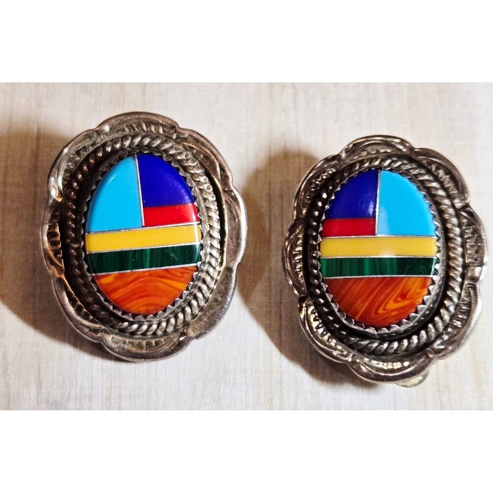 Vintage Sterling Silver Multicolor Stone Inlay Clip On Earrings 1” 12.32g